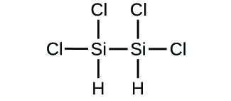 Figure C shows a structural diagram of two silicon atoms are bonded together with a single bond. Each of the silicon atoms form single bonds to two chlorine atoms each and one hydrogen atom.